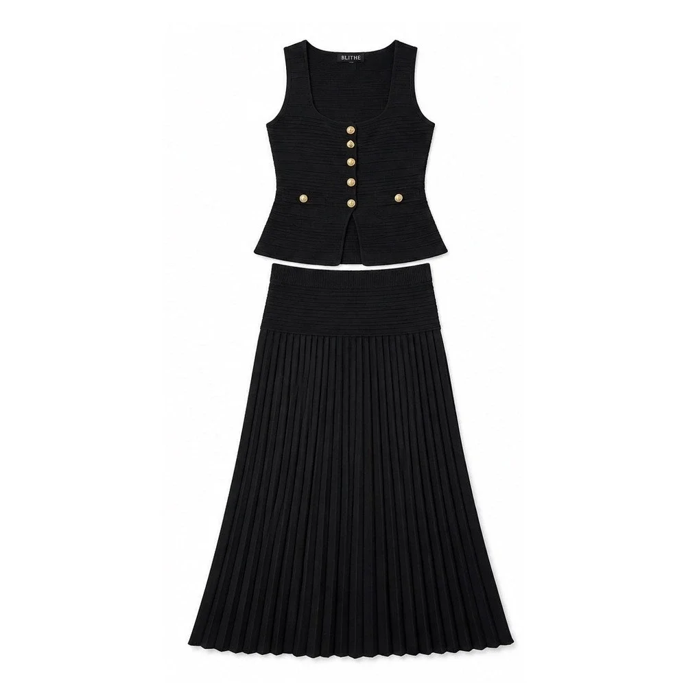 Blithe LA Black Knit Vest and Pleated Maxi Skirt 2 Piece Set Gold Buttons Large